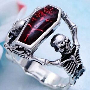 COPY -Red Coffin Vintage Silver color Ring Red fashion gothic Size 8